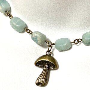 Natural Light Teal Amazonite Necklace, Bronze Slim Mushroom + Genuine Gemstone